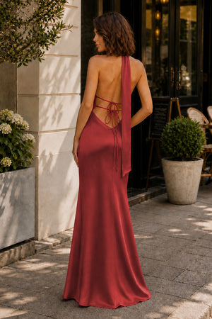 Burgundy Halter Deep V Neck Satin Sheath Backless Long Prom Dresses-KissProm