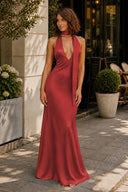 Burgundy Halter Deep V Neck Satin Sheath Backless Long Prom Dresses-KissProm