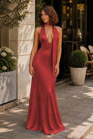 Burgundy Halter Deep V Neck Satin Sheath Backless Long Prom Dresses-KissProm