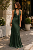 Dark Green Halter Deep V Neck Satin Sheath Backless Long Prom Dresses-KissProm
