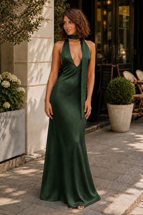 Dark Green Halter Deep V Neck Satin Sheath Backless Long Prom Dresses-KissProm