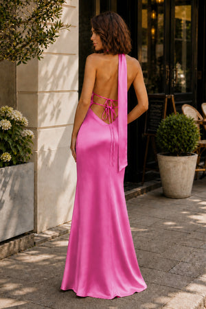 Fuchsia Halter Deep V Neck Satin Sheath Backless Long Prom Dresses-KissProm