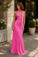 Fuchsia Halter Deep V Neck Satin Sheath Backless Long Prom Dresses-KissProm