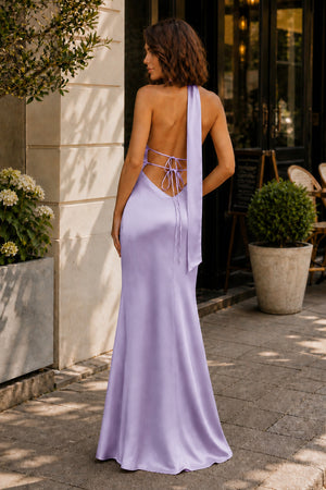 Lavender Halter Deep V Neck Satin Sheath Backless Long Prom Dresses-KissProm