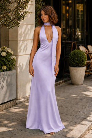 Lavender Halter Deep V Neck Satin Sheath Backless Long Prom Dresses-KissProm