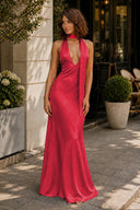 Red Halter Deep V Neck Satin Sheath Backless Long Prom Dresses-KissProm