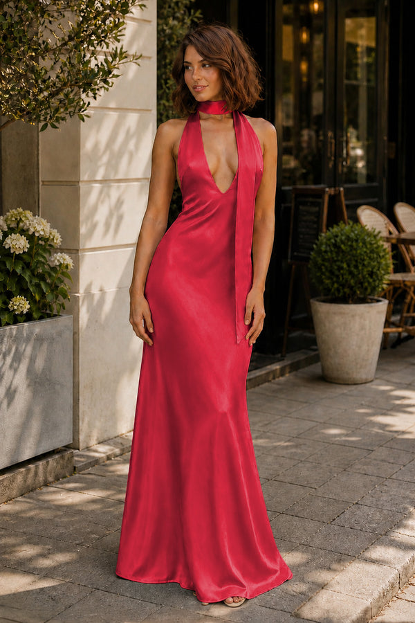 Red Halter Deep V Neck Satin Sheath Backless Long Prom Dresses-KissProm