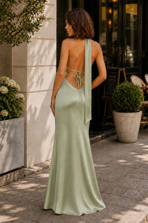 Sage Green Halter Deep V Neck Satin Sheath Backless Long Prom Dresses-KissProm