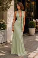 Sage Green Halter Deep V Neck Satin Sheath Backless Long Prom Dresses-KissProm