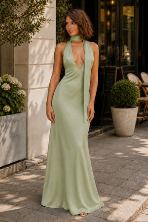 Sage Green Halter Deep V Neck Satin Sheath Backless Long Prom Dresses-KissProm