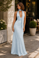 Sky Blue Halter Deep V Neck Satin Sheath Backless Long Prom Dresses-KissProm