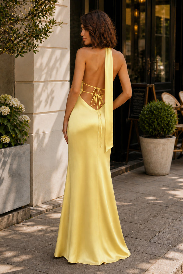Yellow Halter Deep V Neck Satin Sheath Backless Long Prom Dresses-KissProm