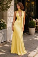 Yellow Halter Deep V Neck Satin Sheath Backless Long Prom Dresses-KissProm
