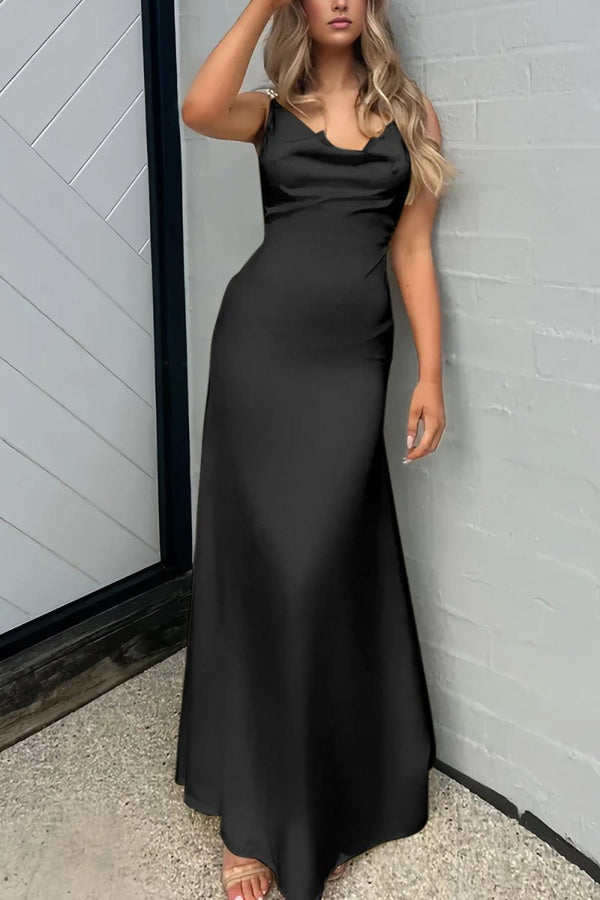 Yellow Sheath Spaghetti Straps Satin Long Prom Dresses With Pearls Black / 6 Yellow Sheath Spaghetti Straps Satin Long Prom Dresses With Pearls Black / 6