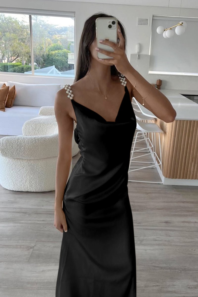 Evale | Yellow - Sheath Spaghetti Straps Satin Long Prom Dresses With Pearls - KissProm