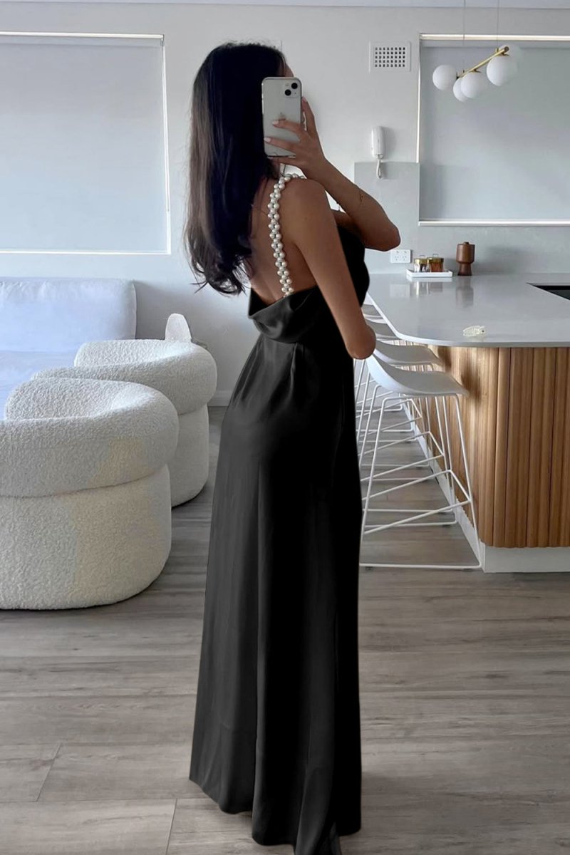 Evale | Yellow - Sheath Spaghetti Straps Satin Long Prom Dresses With Pearls - KissProm