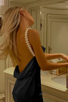 Evale | Yellow - Sheath Spaghetti Straps Satin Long Prom Dresses With Pearls - KissProm