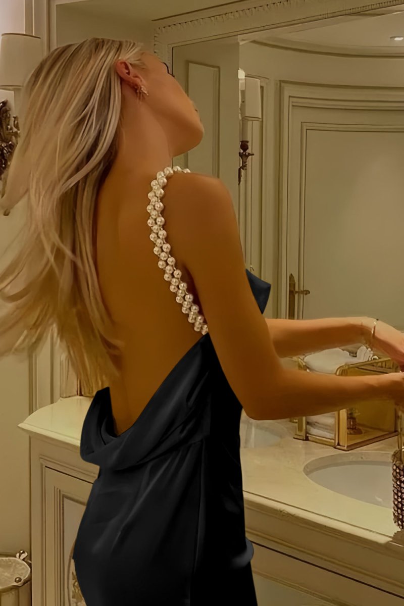 Evale | Yellow - Sheath Spaghetti Straps Satin Long Prom Dresses With Pearls - KissProm