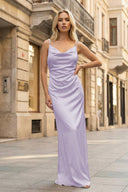 Lavender Sheath Spaghetti Straps Satin Long Prom Dresses With Pearls - KissProm