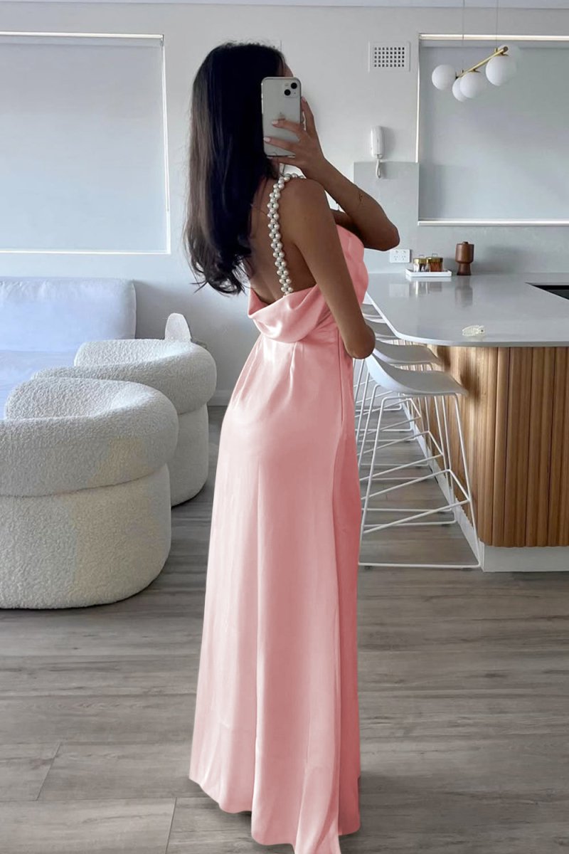 Evale | Yellow - Sheath Spaghetti Straps Satin Long Prom Dresses With Pearls - KissProm