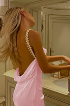 Evale | Yellow - Sheath Spaghetti Straps Satin Long Prom Dresses With Pearls - KissProm