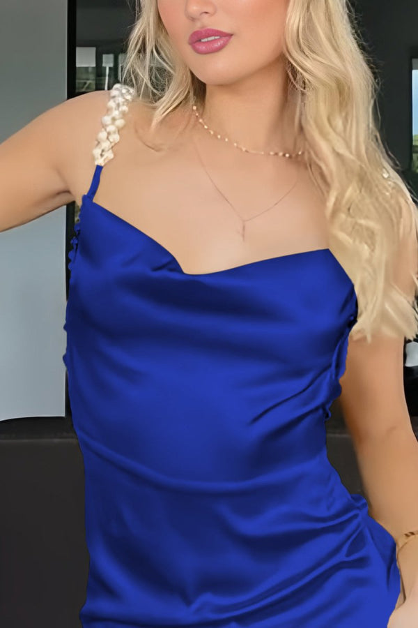 Evale | Royal Blue - Sheath Spaghetti Straps Satin Long Prom Dresses With Pearls - KissProm