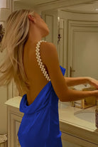 Evale | Yellow - Sheath Spaghetti Straps Satin Long Prom Dresses With Pearls - KissProm