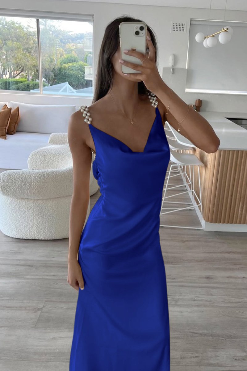 Evale | Yellow - Sheath Spaghetti Straps Satin Long Prom Dresses With Pearls - KissProm