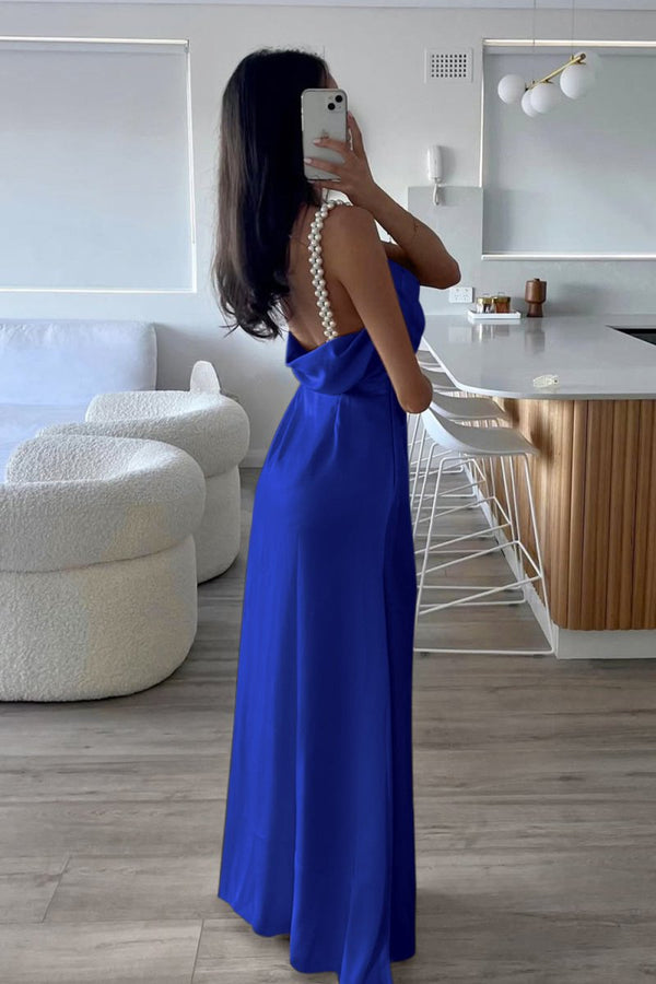 Evale | Yellow - Sheath Spaghetti Straps Satin Long Prom Dresses With Pearls - KissProm