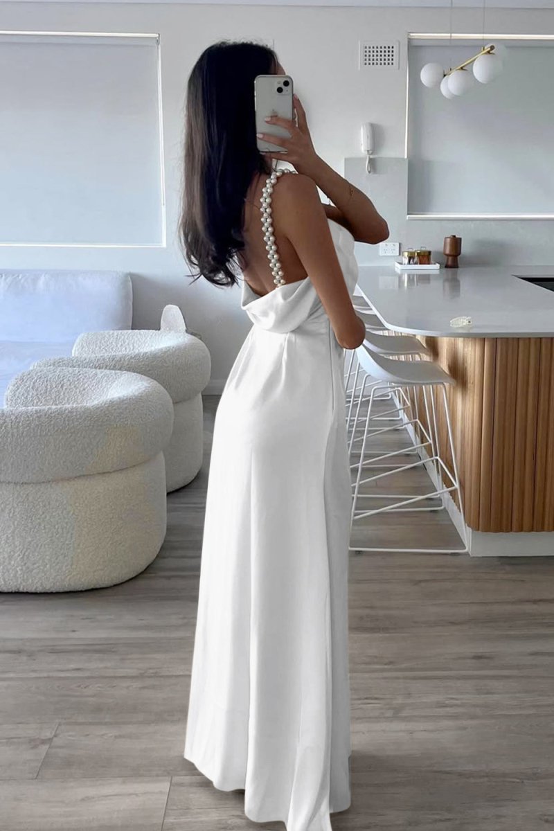 Evale | Yellow - Sheath Spaghetti Straps Satin Long Prom Dresses With Pearls - KissProm