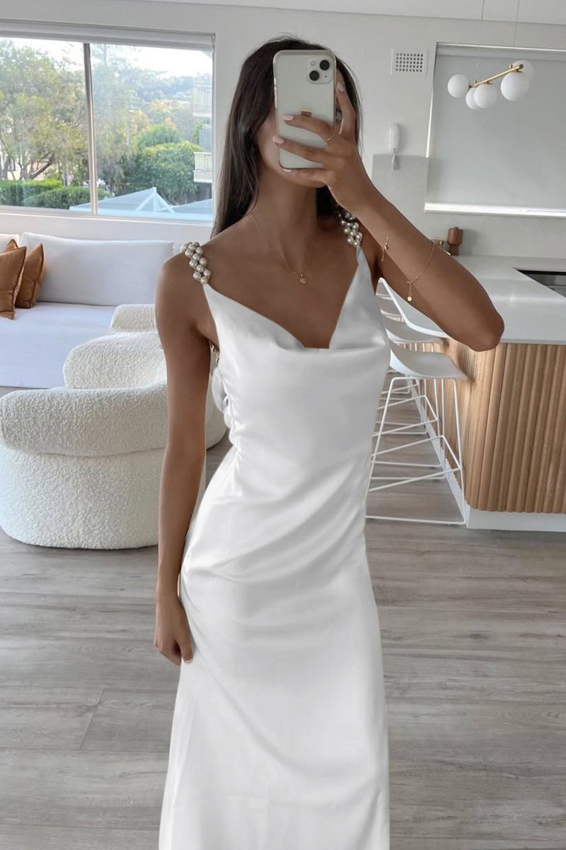 Evale | Yellow - Sheath Spaghetti Straps Satin Long Prom Dresses With Pearls - KissProm