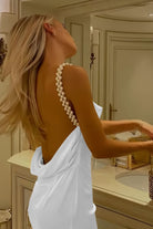 Evale | Yellow - Sheath Spaghetti Straps Satin Long Prom Dresses With Pearls - KissProm