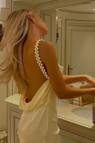 Evale | Yellow - Sheath Spaghetti Straps Satin Long Prom Dresses With Pearls - KissProm