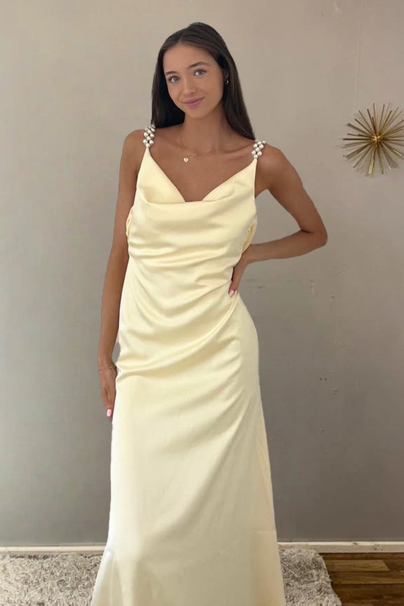 Evale | Yellow - Sheath Spaghetti Straps Satin Long Prom Dresses With Pearls - KissProm