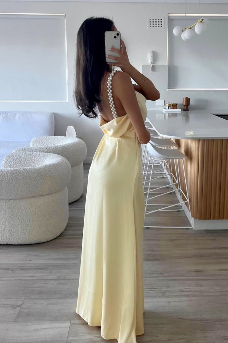 Evale | Yellow - Sheath Spaghetti Straps Satin Long Prom Dresses With Pearls - KissProm
