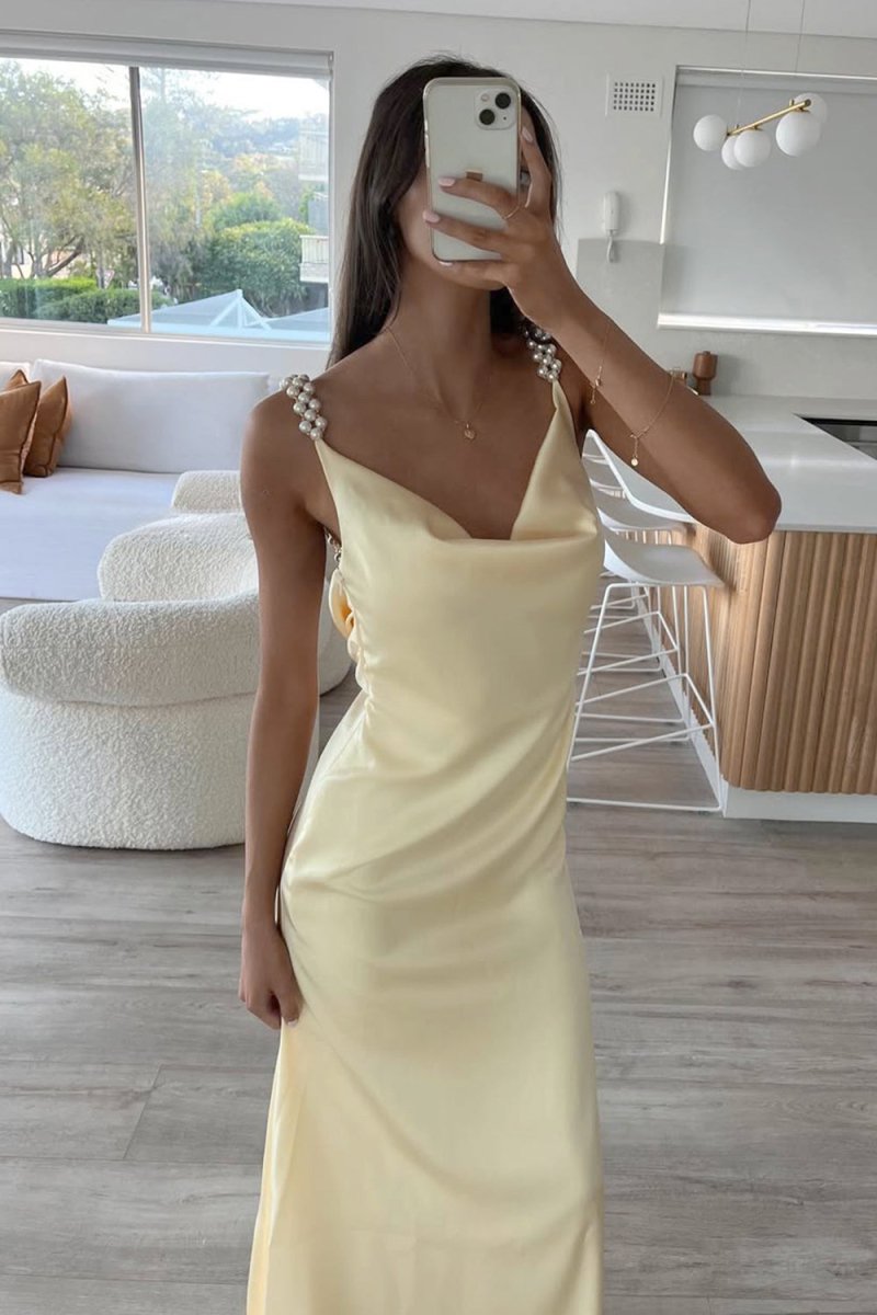 Evale | Yellow - Sheath Spaghetti Straps Satin Long Prom Dresses With Pearls - KissProm