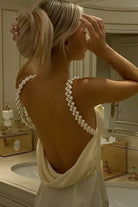 Evale | Yellow - Sheath Spaghetti Straps Satin Long Prom Dresses With Pearls - KissProm