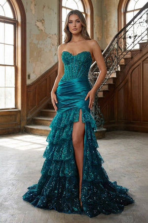 Red Strapless Sweetheart Mermaid Pleated Layered Long Prom Dress With Slit - KissProm