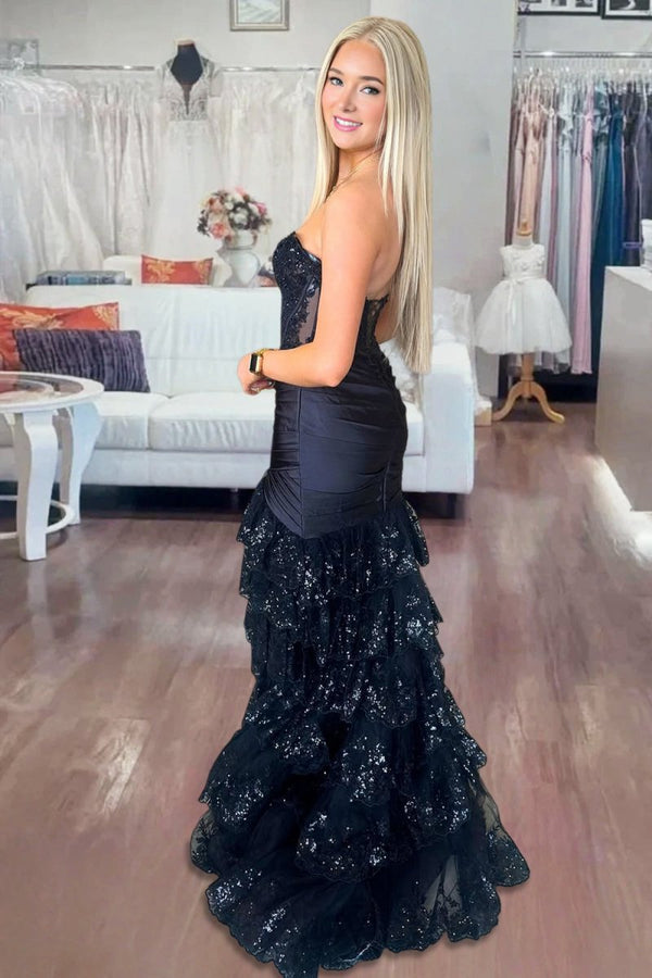Evaluna | Black Strapless V - Neck Mermaid Pleated Layered Long Prom Dress With Slit - KissProm