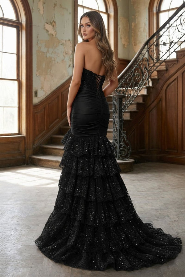 Red Strapless Sweetheart Mermaid Pleated Layered Long Prom Dress With Slit - KissProm