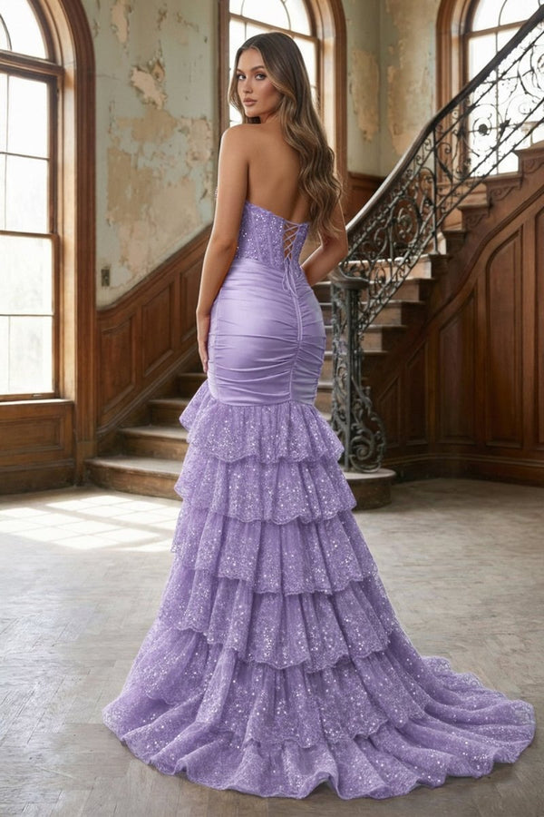 Red Strapless Sweetheart Mermaid Pleated Layered Long Prom Dress With Slit - KissProm