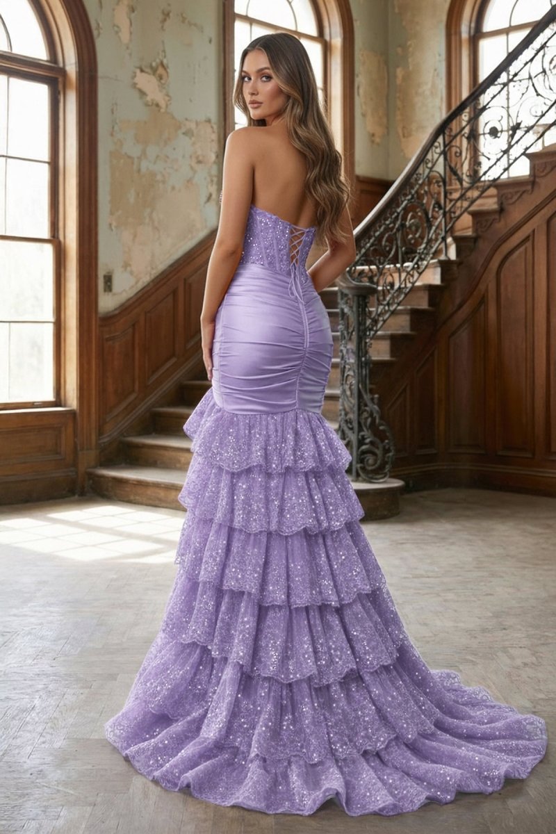 red and purple wedding dress Red Strapless Sweetheart Mermaid Pleated Layered Long Prom Dress With Slit, Lavender / 6