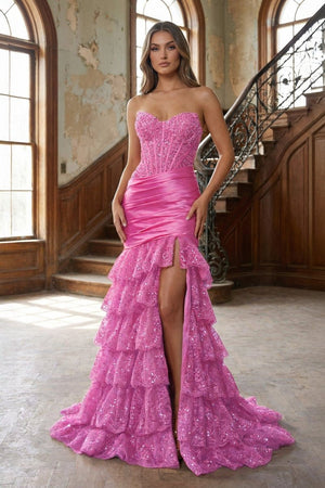 Red Strapless Sweetheart Mermaid Pleated Layered Long Prom Dress With Slit - KissProm