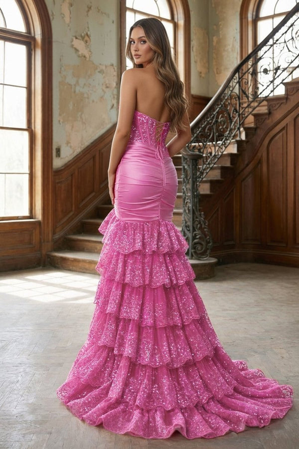 Red Strapless Sweetheart Mermaid Pleated Layered Long Prom Dress With Slit - KissProm