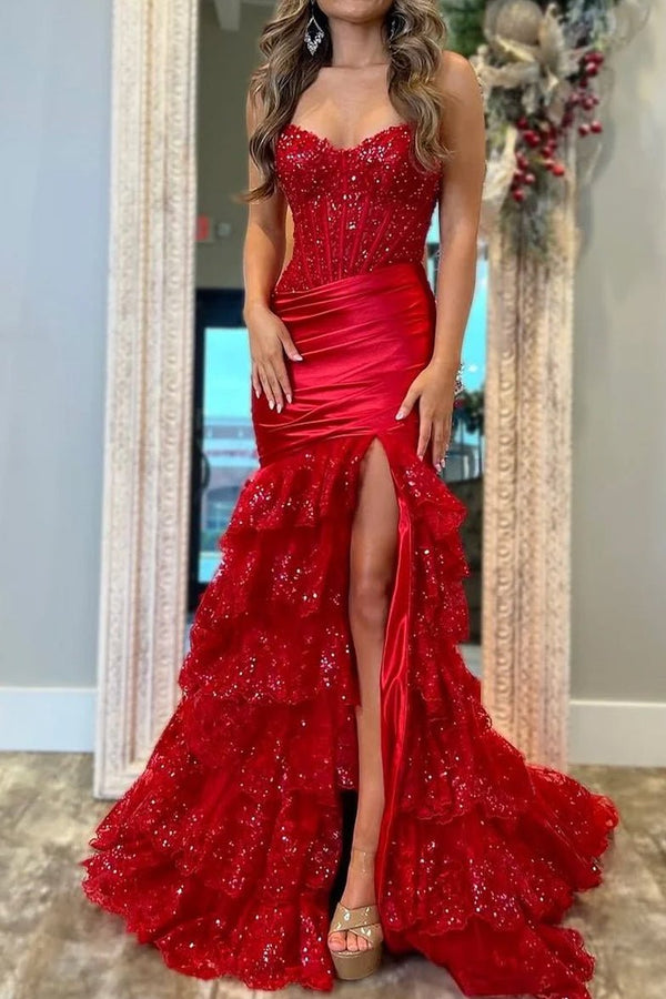 Evaluna | Red Strapless V-Neck Mermaid Pleated Layered Long Prom Dress With Slit - KissProm