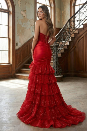 Red Strapless V - Neck Mermaid Pleated Layered Long Prom Dress With Slit - KissProm