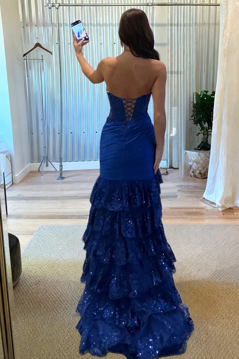 Evaluna | Royal Blue Strapless V-Neck Mermaid Pleated Layered Long Prom Dress With Slit - KissProm