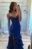 Evaluna | Red Strapless V - Neck Mermaid Pleated Layered Long Prom Dress With Slit - KissProm