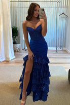 Evaluna | Red Strapless V - Neck Mermaid Pleated Layered Long Prom Dress With Slit - KissProm