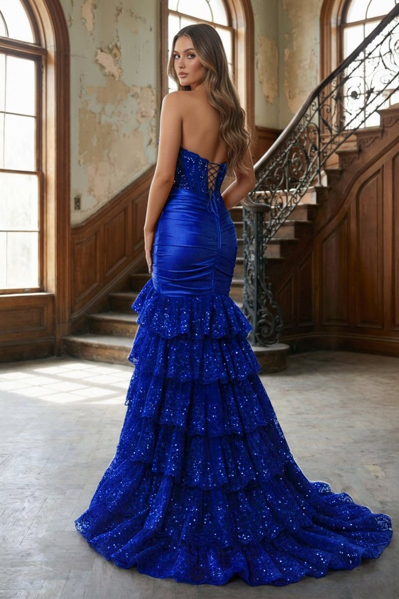 open lace back dress Red Strapless Sweetheart Mermaid Pleated Layered Long Prom Dress With